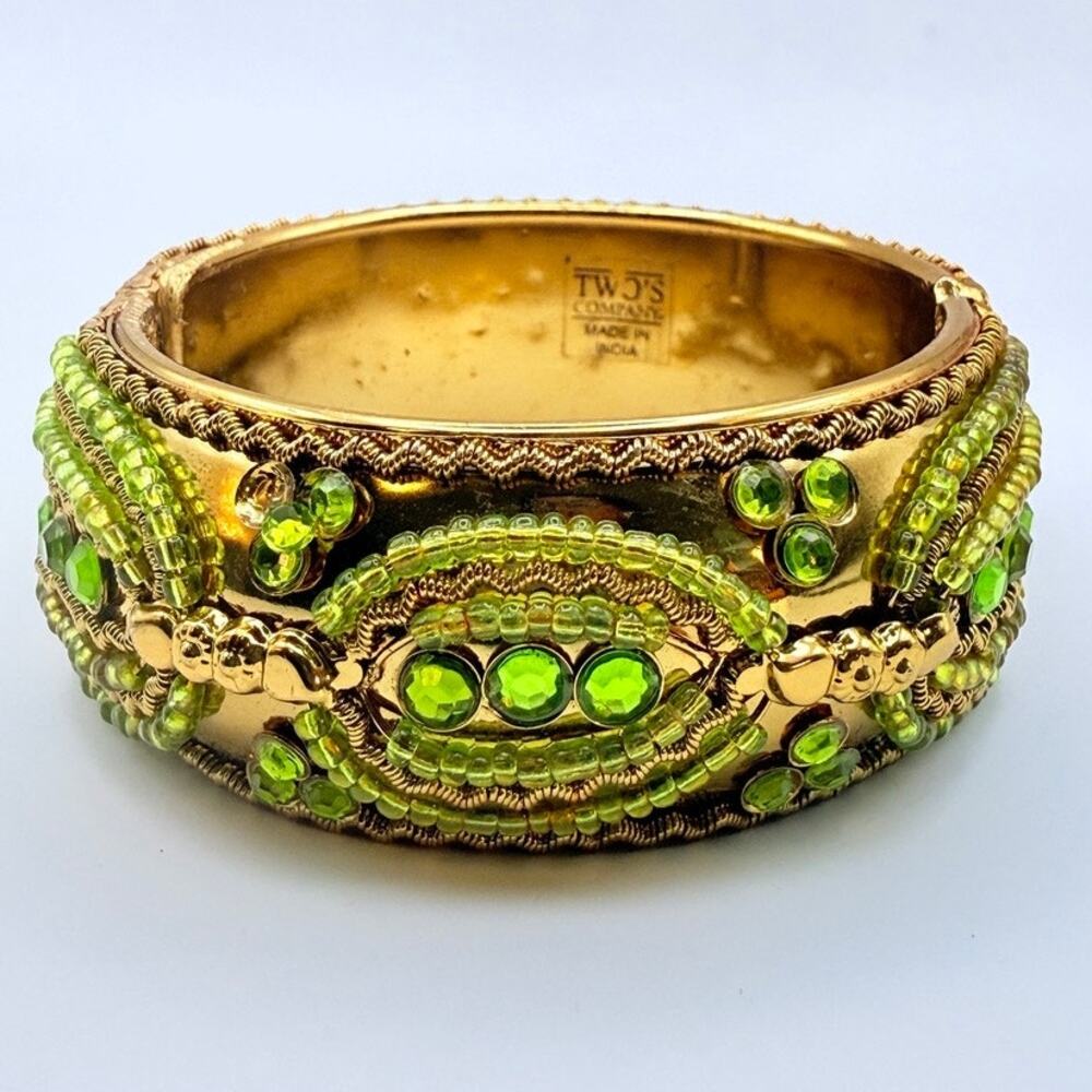 Two's Company India Gold Tone Green Beaded Rhinestone Hinged Bangle Bracelet